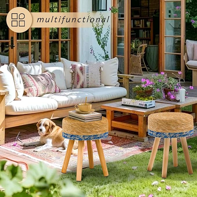 Handwoven Outdoor Ottoman, Water Hyacinth Pouf Round Patio Footstool with Wood Legs, 17-Inch Multipurpose Vanity Stool, Dining Chair, Patio Footrest for Balcony and Garden, Blue-Ruum Studio Home