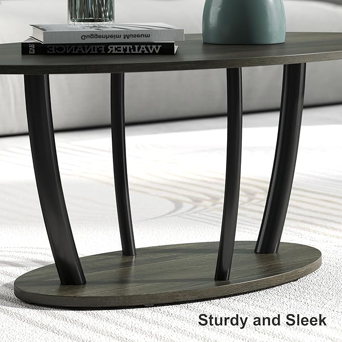 Manora Small Oval Coffee Table with Storage, Rustic Farmhouse Industrial Center Table for Living Room, VintageTea Table for Small Spaces, Gray-Ruum Studio Home