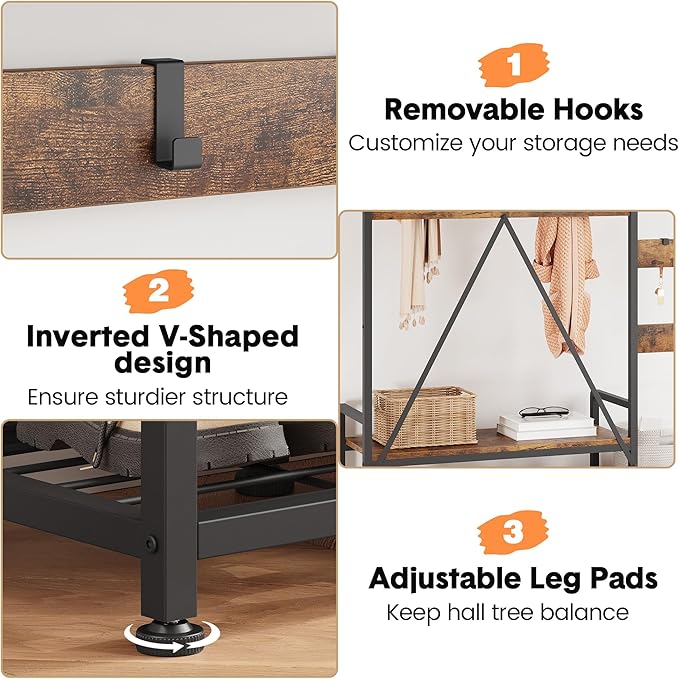 IDEALHOUSE Hall Tree with Bench and Shoe Storage Parent-Child Coat Rack Shoe Bench Industrial Coat Tree Entryway Large Organizer with Shoe Rack, Storage Cubbies, Hooks, and Top Shelf-Ruum Studio Home