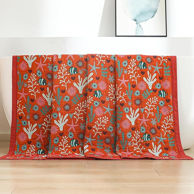 Boho Throw Blanket, 100% Organic Cotton Skin-Friendly Breathable Ultra Soft Bed Quilt Throw - All Season Blue & Red FishFarmhouse Decor Blanket for Sofa Couch Chair and Gift. 60" x 80"-Ruum Studio Home