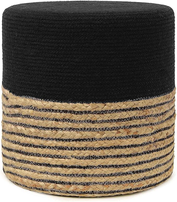REDEARTH · Cylindrical Pouf Ottoman - Braided Pouffe Accent Sitting Round Footrest for Living Room, Bedroom, Nursery, kidsroom, Patio, Gym; 70% Cotton 30% Jute, (14.5x14.5x16; Black Natural)-Ruum Studio Home
