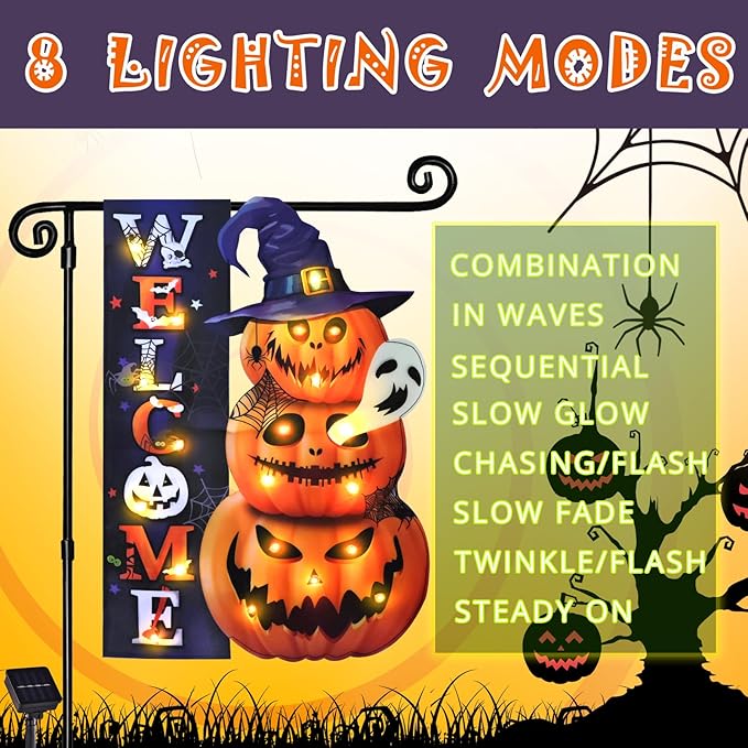 Halloween Lighted Garden Flag, Solar Yard Flag for Outside, 8 Modes Double Sided Welcome Halloween Pumpkin Outdoor Decorations for Home Porch (Pumpkin-12x18)-Ruum Studio Home