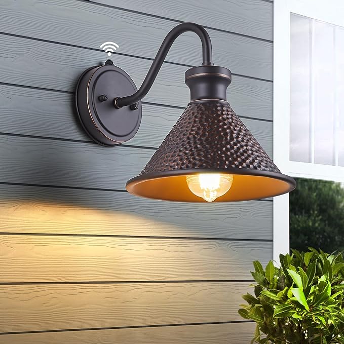 Dusk to Dawn Outdoor Gooseneck Wall Sconce with Dark Sky Cast Hammered Aluminum Shade in Oil Rubbed Bronze Finish,Anti-Rust Waterproof Outdoor Light for Farmhouse Porch Garage,1-Light E26-Ruum Studio Home