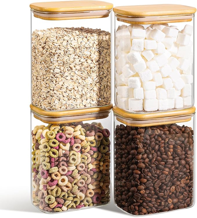 ComSaf 1.2 Qt Rectangle Glass Storage Containers with Lids, Glass Jars with Bamboo Lids, Clear Food Storage Jar, Sugar Coffee Containers, Pantry Container for Pasta Tea Candy Nut-Ruum Studio Home