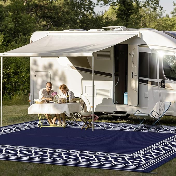 GENIMO Outdoor Rug Waterproof Area 10'x14' for Patio, Foldable Reversible Plastic Straw Carpet for Travel Trailers, Outside Mat for Rv, Deck, Picnic, Porch, Camper, Balcony, Beach, Blue & White-Ruum Studio Home