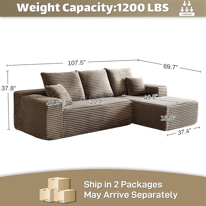 HYJT H&K Modular Sectional Sofa Cloud Couch, 107" Comfy L Shaped Sectional Couches for Living Room, Deep Seat Memory Foam Plush Fluffy Corduroy Boneless Couch Sectionals Right Facing Sofa Chaise Brown-Ruum Studio Home