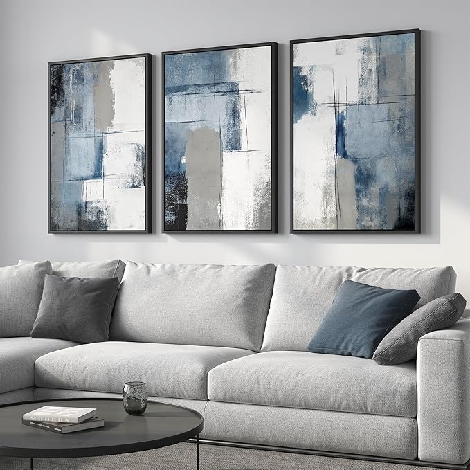 Large Framed Navy Blue and Grey Abstract Wall Art for Living Room, 3 Piece Modern Canvas Prints Paintings Artwork for Walls, Minimalist Abstract Pictures Wall Decor for Hallway Office Bedroom 24x36 In-Ruum Studio Home