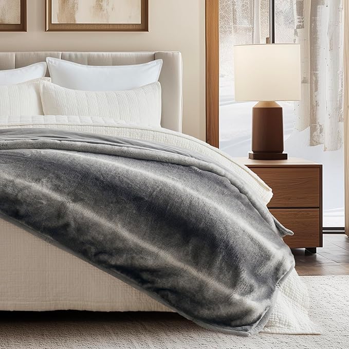 Ultra Soft Luxury Fluffy Mink Faux Fur Throw Blanket, Thick Warm Fall Winter Blankets for Bed, Couch, Cozy Plush Reversible Blanket for Chair, Sofa (Ombré Silver Onyx, 60"x80")-Ruum Studio Home