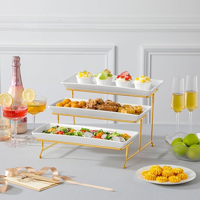 MALACASA 3 Tier Serving Trays for Party, 14 Inch Porcelain White Trays for Serving Food, Dessert Stand with Collapsible Gold Metal Rack-Ruum Studio Home