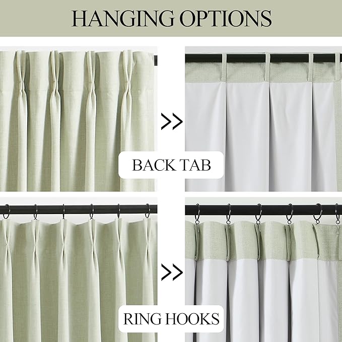 Vision Home Soft Green Pinch Pleated Full Blackout Curtains Linen Blended Room Darkening Window Curtains 72 inch for Living Room Bedroom Thermal Insulated Pinch Pleat Drapes with Hooks 60" Wx72 Lx1-Ruum Studio Home