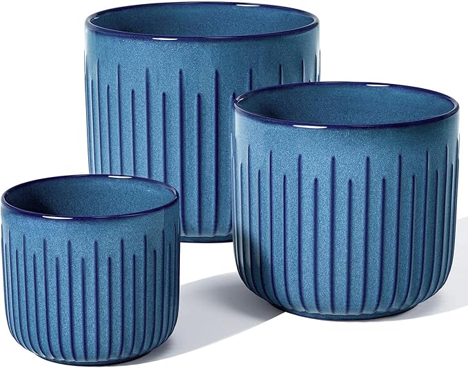 LE TAUCI Fluted Ceramic Planters Set of 3 – 8.3/7 / 5.7 in Ocean Blue Reactive Cylinder Indoor Plant Pots with Drainage Plug & Mesh, Glossy Stoneware Flower Pots for Succulents Herbs-Ruum Studio Home