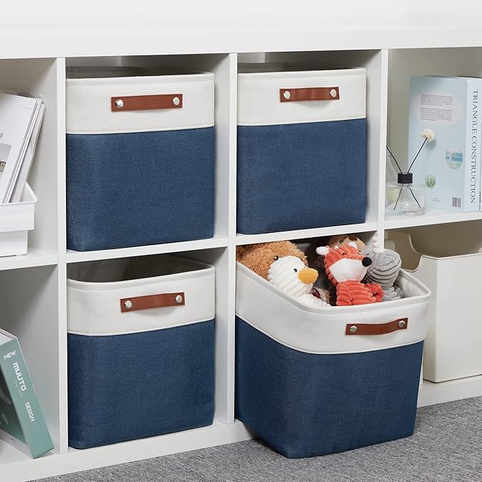 DULLEMELO Foldable Storage Cubes 12 x 12 Organizer Bins,Canvas Storage Bins Empty Gift Baskets for Organizing with SturdyLeather Handles, Closet Baskets for Nursery Storage(4 Pack - 12" White&Blue)-Ruum Studio Home