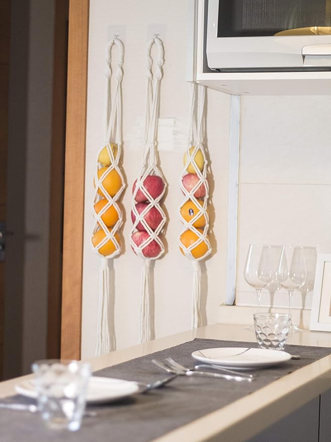 Decocove Hanging Fruit Basket - Boho Basket for Potato, Onion and Fruit Storage - Boho Wall Hanging Decor for Kitchen - Macrame Wall Hanging Basket - Set of 3-Ruum Studio Home
