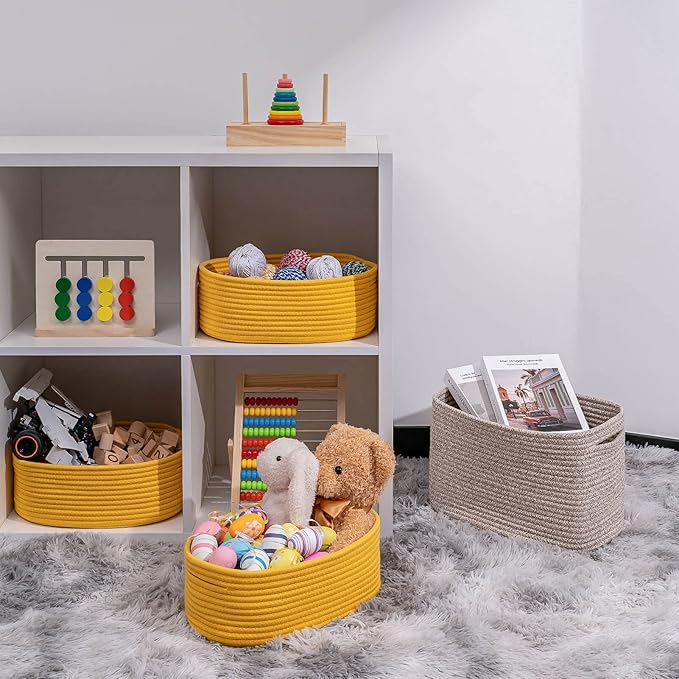 Shelf Storage Baskets for Organizing|Decorative Basket for Closet Storage|Toy Baskets&Bins|Small Woven Rope Baskets-13x8.66x5.11’’,Durable&Stylish,Oval 3 Packs Yellow-Ruum Studio Home
