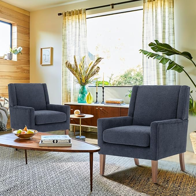 COLAMY Modern Wingback Living Room Chair Set of 2, Upholstered Fabric Accent Armchair, Single Sofa Chair with Lounge Seat and Wood Legs for Bedroom/Office/Reading Spaces, Blue-Ruum Studio Home