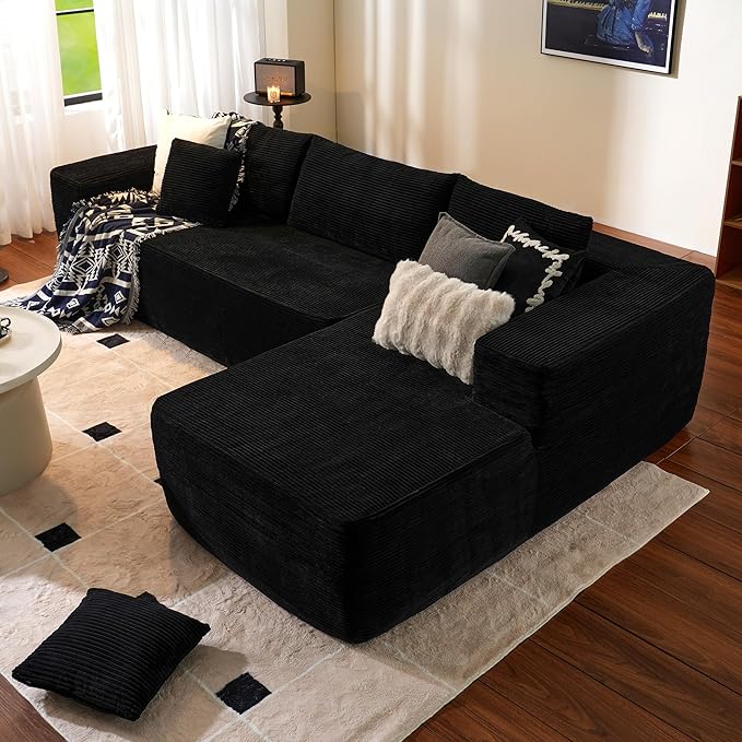 ovios 104" Cloud Sectional Couch with L-Shape Chaise,Modern Modular Sofa with Deep Seat, Upholstered Couches for Living Room Bedroom,No Assembly Required, Black (Corduroy Fabric)-Ruum Studio Home