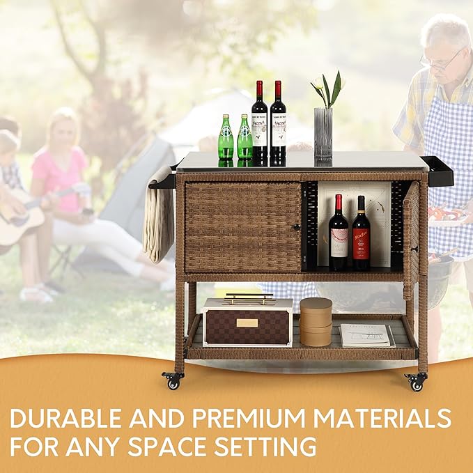 Wicker Outdoor Bar Cart with 4 Lockable Casters, Patio Prep Stainless Table with 2 Ratten Doors Storage Cabinet,Island Cart with WPC Shelf for Grill, Kitchen and Garden, Brown-Ruum Studio Home