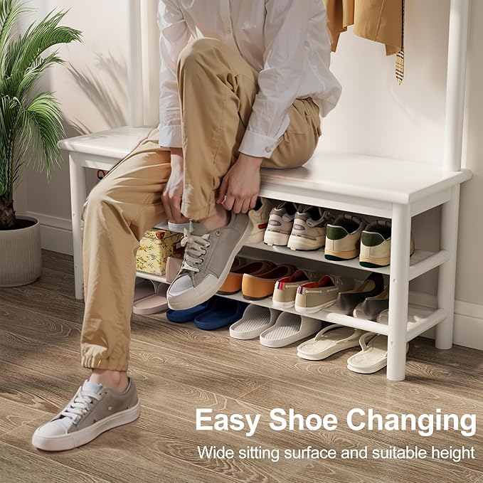 Coat Rack with Shoe Storage, Wooden Hall Tree with Bench, 11 Hooks and 2-Tier Storage Shelves, 3-in-1, Entryway Bench with Coat Rack (39.3"-Deep White)-Ruum Studio Home
