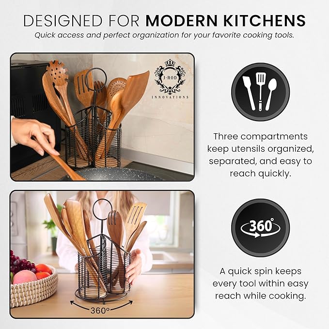 360° Rotating Kitchen Utensil Holder- 3 Compartment Organizer with Cork Bottoms | Includes Premium 9-Piece Acacia Wood Utensil Set | Professional & Home Luxury Design | Metal Utensil Crock (Black)-Ruum Studio Home