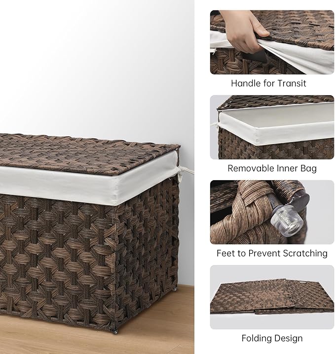 Wicker Storage Basket with Lid, 17.2 Gallon (65L) Small Blanket Basket with Lid, Woven Storage Bin with Handles, Removable Liner, Metal Frame, Foldable, for Bedroom, Laundry Room, Brown-Ruum Studio Home