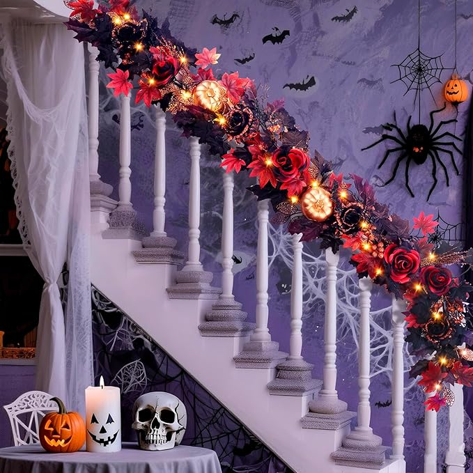 SHareconn 2 Pcs 6FT Halloween Garland with Purple Lights Battery Operated and Timer, Pre-Lit Black Red Maple Leaves Lighted Garland Decorations for Fireplace Mantle Centerpiece Indoor Outdoor Decor-Ruum Studio Home
