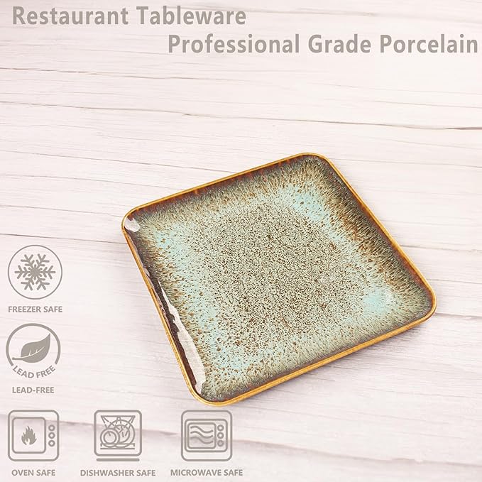 Ceramic Dinner Plates Dish Set,Set of 4,for Lunch snacks -Microwave Oven & Dishwasher Safe,Scratch Resistant,Dinnerware Kitchen Porcelain Serving Dishes,9 inch Square-Ruum Studio Home