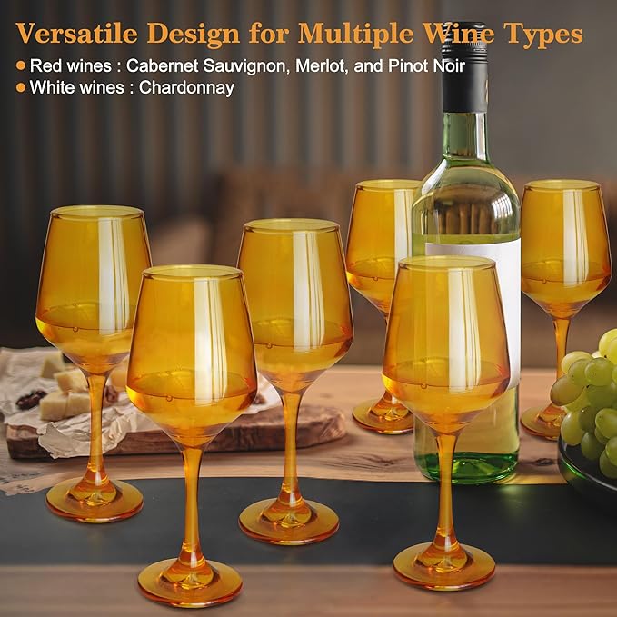 Amber Wine Glasses Set of 6-12oz Amber Long Stem Wine Glass Cups, Pretty Crystal Glassware, Hand Blown Goblets Drinkware, Unique Drinking Stemware Holiday Gift Set-Ruum Studio Home