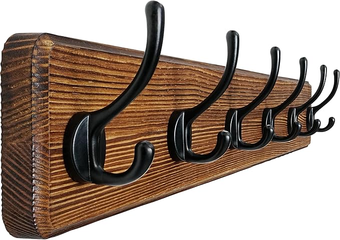 Dseap Coat Rack Wall: 24" Long, Patented, Heavy-Duty, 6-Double-Hooks Wooden Wall Mounted Coat Rack Coat Hanger Hook Rail for Winter Coats Hat Jacket Clothing, Natural & Black-Ruum Studio Home
