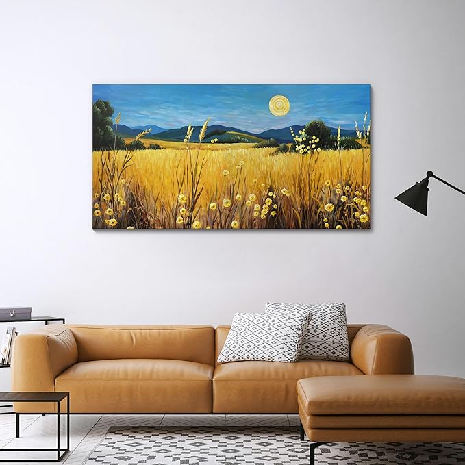 AJAZIKO Landscape Wall Art Moon Framed Canvas Wall Art Large Yellow Living Room Wall Decor Fall Paintings for Bedroom Nature Office Artwork 24×48IN-Ruum Studio Home