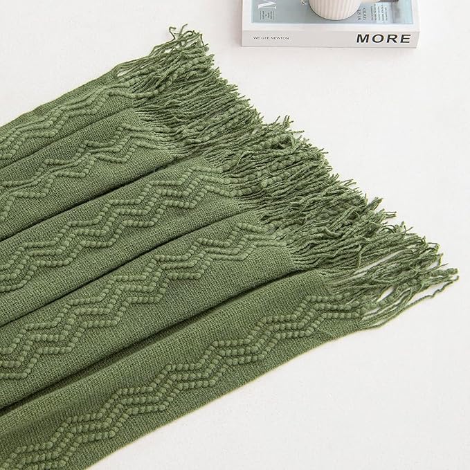 MIULEE Moss Green Knitted Throw Blanket for Couch Textured Knit Blanket with Tassels Cozy Woven Bed Blanket for Sofa Bed Chair Wave Pattern Spring Home Decor for All Seasons 50"x60"-Ruum Studio Home