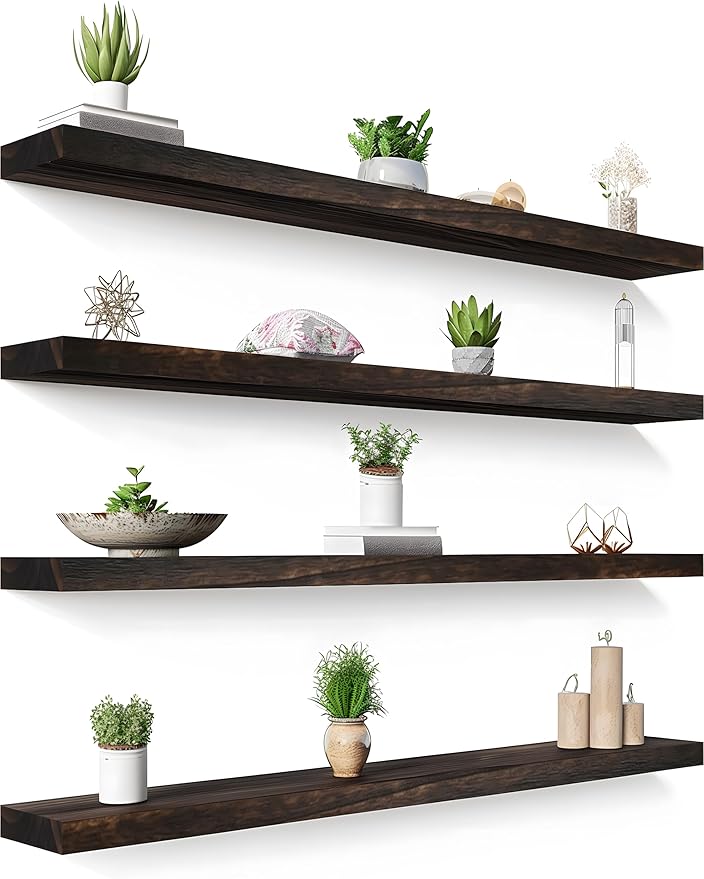 48 Inch Floating Shelves for Wall Rustic Brown Wood Wall Shelves for Bedroom Set of 4-Ruum Studio Home