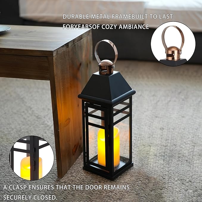 TRIROCKS Decorative Vintage Candle Lanterns 15.5" H Farmhouse Outdoor Hanging Lanterns with Tempered Glass for Porch, Balcony, Patio, Home, Centerpieces, Indoor, Outdoor(Black with Gold top)-Ruum Studio Home