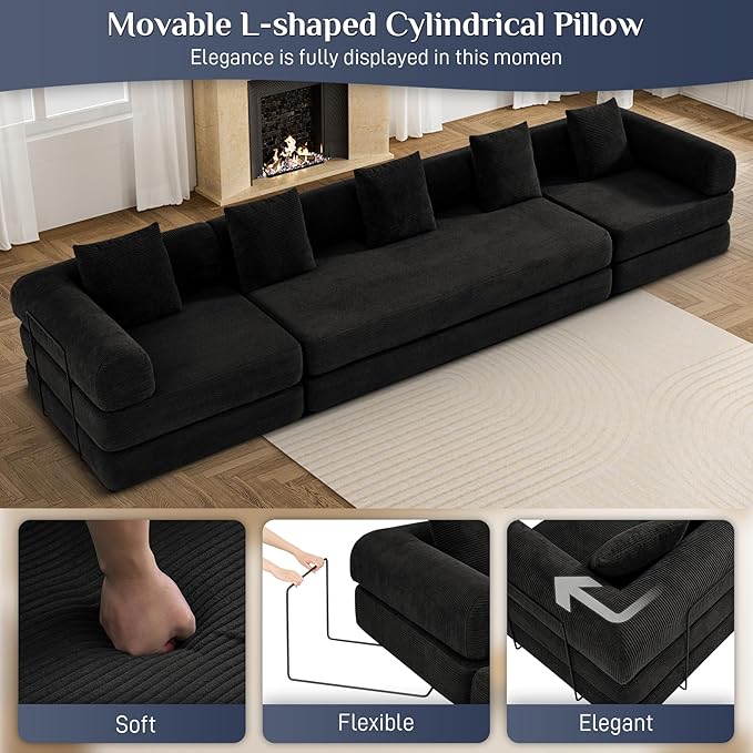 Modular Sectional Loveseat Sofa Cloud Boneless Couch, Modern Sleeper Sofa for Customizable Living Spaces, Cozy Modular Couch for Indoor Room, No Assembly Required, Black-Ruum Studio Home