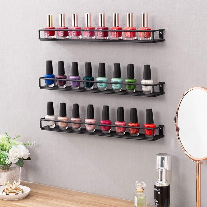 MyGift Set of 3 Wall-Mounted Black Metal Nail Polish and Essential Oils Display Shelves, Kitchen Spice Jars Rack-Ruum Studio Home