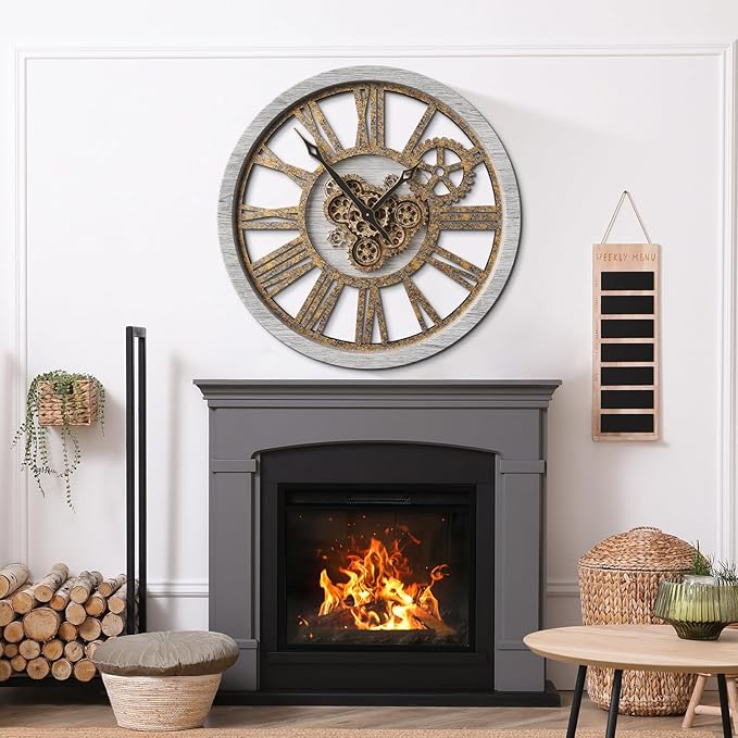 The B-Style Large Wall Clock 24 inch Moving Gear Wall Clock Oversized Vintage Farmhouse Wall Clocks for Living Room Decor Rustic Industrial Wood Clock (Silver Gray, 36 inch/90cm)-Ruum Studio Home