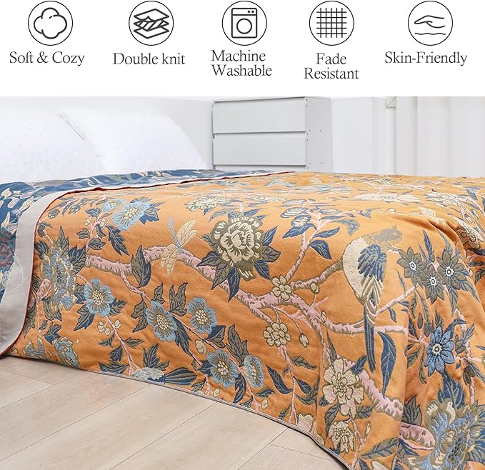 Snycler Boho Throw Blanket for Bed - 100% Cotton Ultra Soft Rustic Quilt Blanket Orange Bird Floral Printed Farmhouse Decor Bed Blankets, 60"×80" All Season Rustic Throw for Sofa Couch Chair-Ruum Studio Home