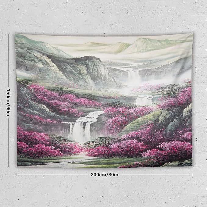 Japanese Tapestry, Red Plum Blossom Mountain Tapestry, Asian Japanese Wall Tapestry, Nature Landscape Tapestries for Bedroom Living Room Decor 80"x60"-Ruum Studio Home