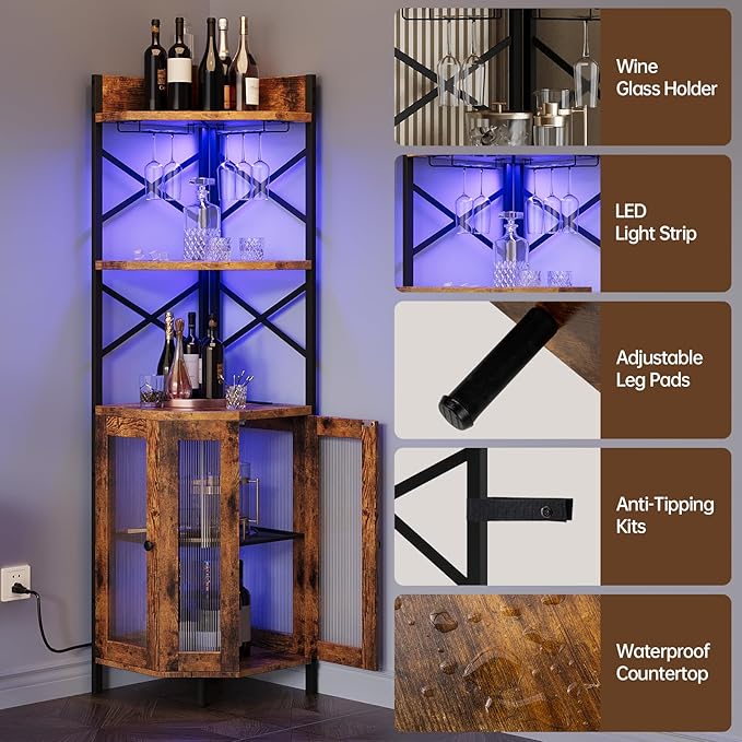Corner Bar Cabinet with Power Outlet, 5-Tier Corner Wine Cabinet with Led Strip and Glass Holder, Industrial Tall Liquor Cabinet Bar Wine Rack for Home, Rustic Brown-Ruum Studio Home