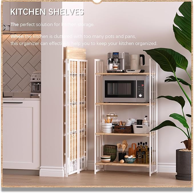 4NM No Assembly 4 Tiers Folding Bookshelf, 47.2" H Foldable Storage Shelves Vintage Bookcase Standing Racks Study Organizer Home Office - Natural White-Ruum Studio Home