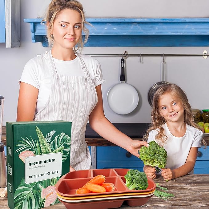 greenandlife 10.8 Inch 4PCS Divided Plates for Kids Adults, Portion Control Plates, Dishwasher & Microwave Safe Compartment Plate, Unbreakable Lightweight Reusable Wheat Straw Plates, Sunset-Ruum Studio Home