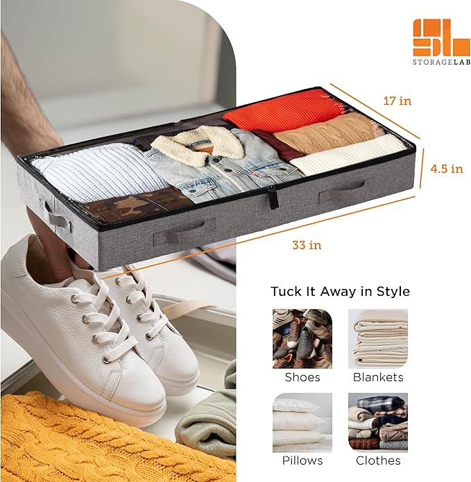 storageLAB Under Bed Storage Containers, Low Profile Underbed Organizers with Sturdy Handles, Dual Zippers, and Clear Windows, Ideal for Clothes, Pillows, and Blankets - 2 Pack, Low Profile, Gray-Ruum Studio Home