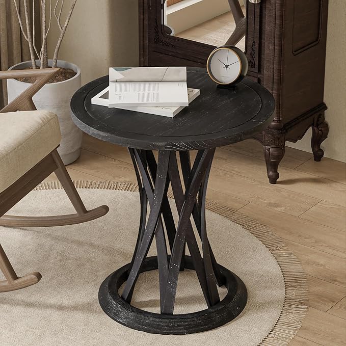 Round Farmhouse End Table with Crisscross Pedestal Base, Distressed Finish Side Table Rustic Accent Table for Living Room, Pine Wood, Black-Ruum Studio Home