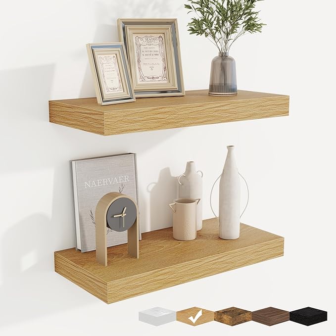 fuqing Floating Shelves for Wall, Bathroom Shelf Wall Mounted for Storage, Shelves with Invisible Bracket for Bedroom, Kitchen, Living Room, Farmhouse Small Book Shelf, 16 Inch Set of 2, Oak-Ruum Studio Home
