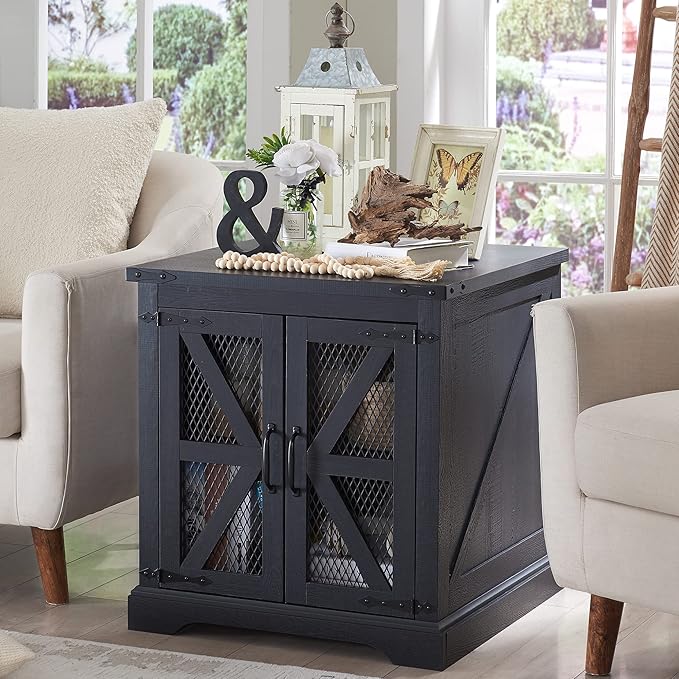 JXQTLINGMU Farmhouse End Table, 24" Large Sofa Side Table with Charging Station, Mesh Barn Door, and Adjustable Storage Shelf, Rustic Wood Square Nightstand for Living Room, Bedroom, Office, Black-Ruum Studio Home