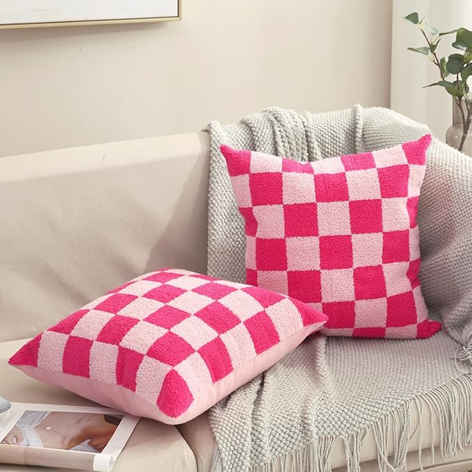 Alysheer Checkered Embroidered Decorative Throw Pillow Covers 18"x 18" Set of 2, Farmhouse Cottage Hot Pink Plaid Tufted Patterned Cotton Canvas Cushion Case for Sofa Couch Bed Living Room-Ruum Studio Home