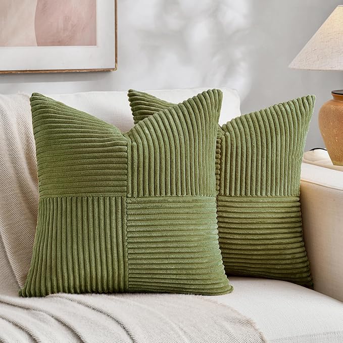 Fancy Homi 2 Packs Moss Green Decorative Throw Pillow Covers 18x18 Inch for Living Room Couch Bed Sofa, Farmhouse Boho Home Decor, Soft Corss Corduroy Patchwork Textured Square Cushion Case 45x45 cm-Ruum Studio Home