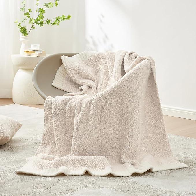 Snuggle Sac Buttery Ivory Throw Blanket for Couch, Reversible Super Soft Knitted Blankets, Warm Cozy Knit Fuzzy Plush Lightweight Throws Dupes for Sofa, Bed, Picnic, Ivory, 50 x 60 inches-Ruum Studio Home