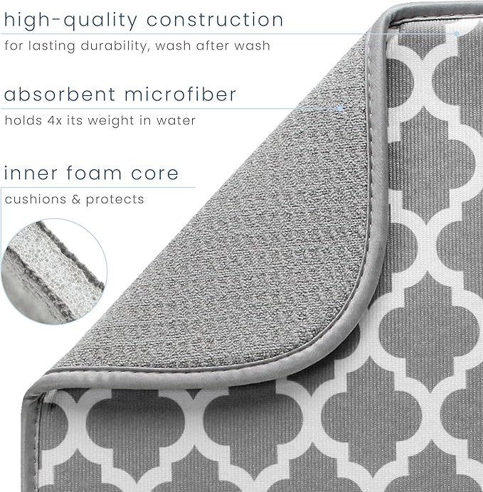 S&T INC. Dish Drying Mat, 16” x 18”, Absorbent Microfiber Kitchen Counter Mat, Dish Drying Pad for Dishes, Utensils, Pots and Pans, Large, White Trellis-Ruum Studio Home