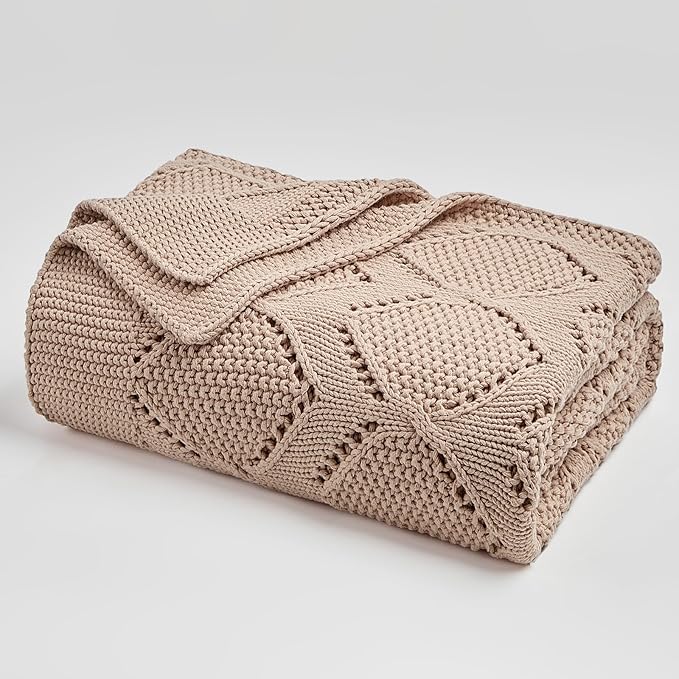 Longhui bedding Chunky Cotton Knit Throw Blanket for Couch, Sofa, Bed, or Chair, Decorative Breathable Fall Cable Knit Blanket 51 x 63 Inches, Pink Rose-Ruum Studio Home