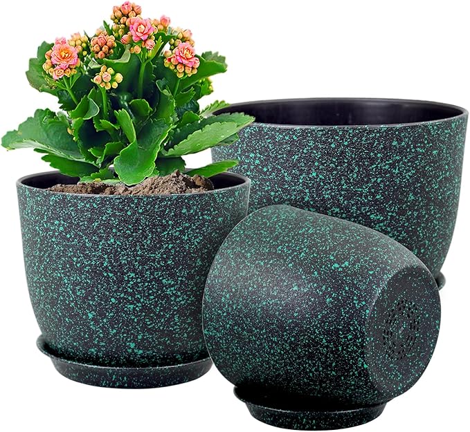 Plant Pots 9/8/7.5inch, Set of 3 Modern Decorative Plastic Planters with Drainage Holes and Saucer for Garden House Plants, Flower Pots for Indoor Outdoor Plants, Black with Green Speckles-Ruum Studio Home